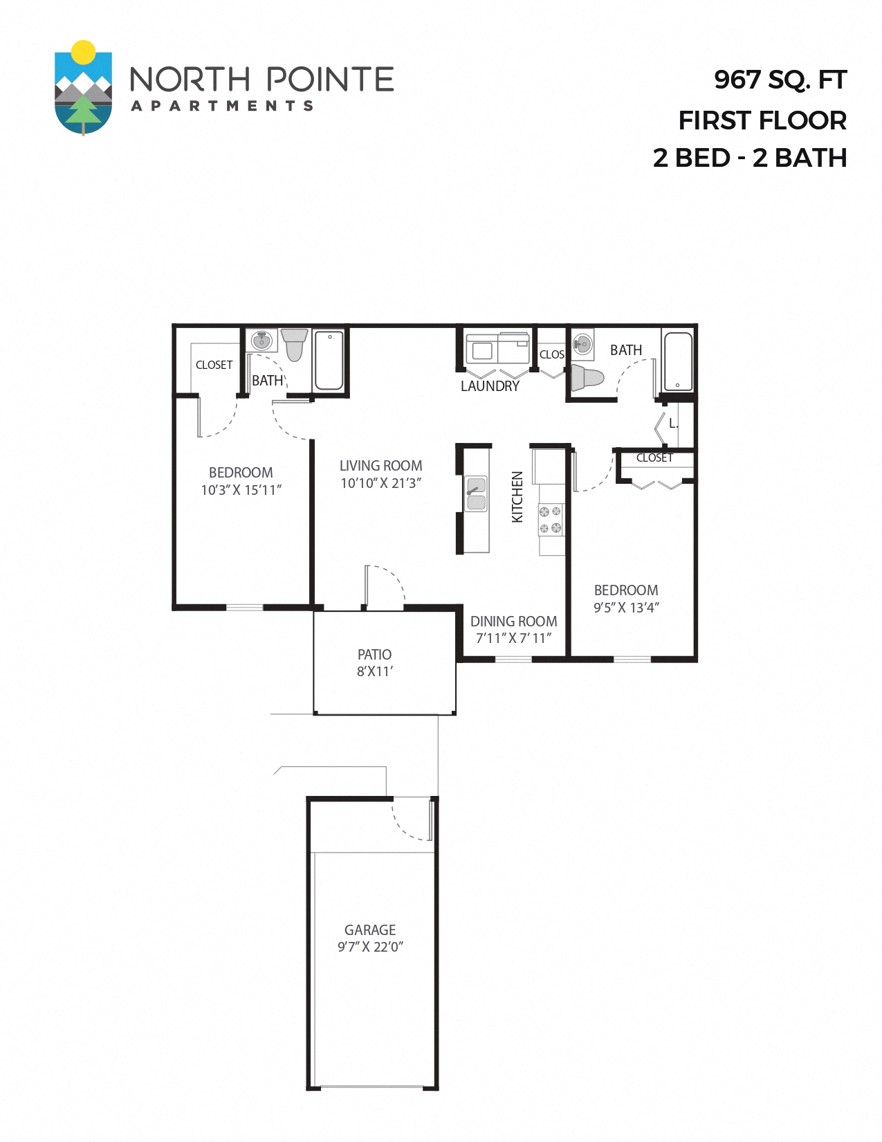 Floor plan for 2 beds, 2 baths, 967 sqft